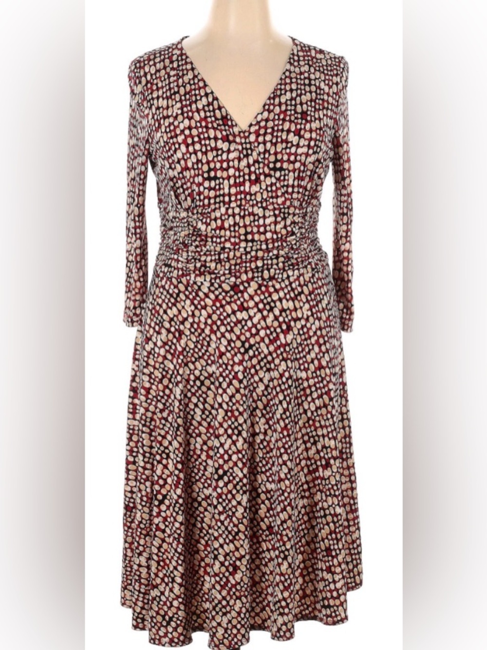 Cato Burgundy, White & Black Polka Dot Midi Dress with Faux Wrap